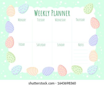 Weekly planner template with Easter eggs in pastel colors. Printable stationary mockup with cute Ostara eggs frame composition