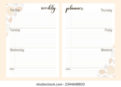 Weekly planner template with Fallen leaves. Printable Vector Autumn notebook sheets for planning with space for Notes. Cute Blank pages for Journal or Diary. Pastel colors collection. 