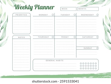 Weekly planner template. Floral planner. Simple printable to do list. Realistic vector planner illustration.