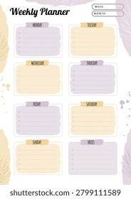 Weekly planner template. Floral weekly planner. Simple printable to do list.  Realistic vector planner illustration.