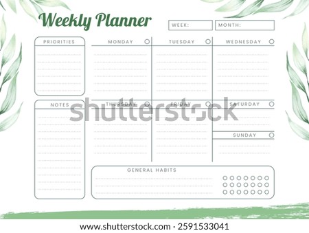 Weekly planner template. Floral planner. Simple printable to do list. Realistic vector planner illustration.
