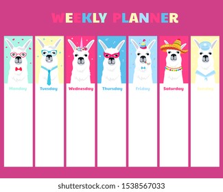 Weekly Planner Template. Funny llama cartoon character