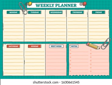 Weekly planner template graphic design, vector illustration printable page with illustrated office elements. Weekdays and weekend text fields. Also next week and notes sections. Clean hand-drawn style