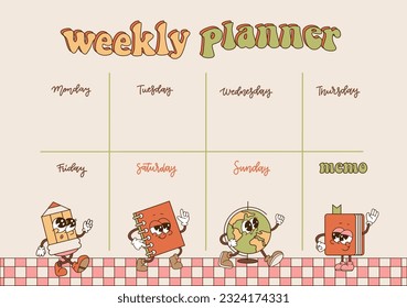 Weekly planner template . Groovy schedule in Retro 70s style, note paper decorated with retro cartoon stationery characters, Vintage organizer. Vector flat contour illustration.