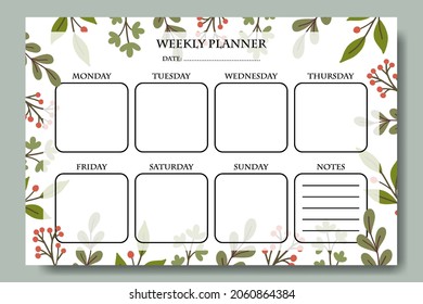 Weekly Planner Template with Hand Drawn Green Leaf Illustration Background Printable