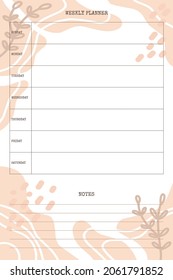 weekly planner template with hand drawn trendy organic shapes and floral botanical element