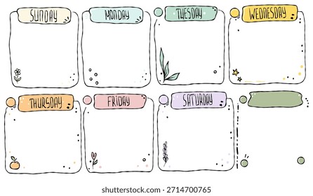 Plantilla de planificador semanal en estilo Doodle dibujado a mano