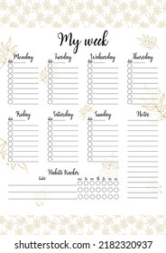 Weekly planner template isolated. Printable task organizer by day of week. Blank vector illustration of personal reminder and habits tracker.