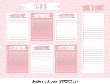 Weekly planner template on pink doodle background. Week timetable with notes