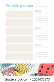 Weekly Planner Template. Organiser and Schedule with place for Notes and Goals. Vector.