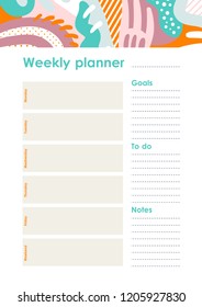 Weekly Planner Template. Organiser and Schedule with place for Notes and Goals. Vector.