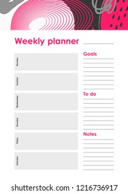Weekly Planner Template. Organiser and Schedule with place for Notes and Goals. Vector.