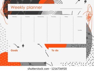 Weekly Planner Template. Organiser and Schedule with place for Notes and Goals. Vector.