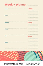 Weekly Planner Template. Organiser and Schedule with place for Notes and Goals. Vector.