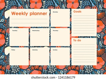 Weekly Planner Template. Organiser and Schedule with place for Notes and Goals. Vector.