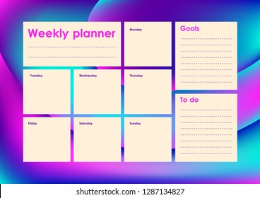 Weekly Planner Template. Organiser and Schedule with place for Notes and Goals. Vector.