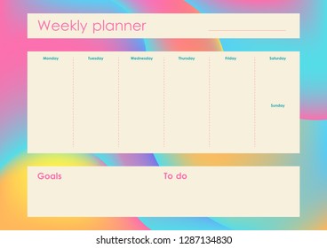 Weekly Planner Template. Organiser and Schedule with place for Notes and Goals. Vector.