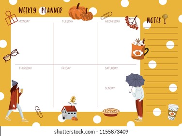 Weekly planner template. Organizer and schedule with place for Notes. Vector illustration. Cute and trendy