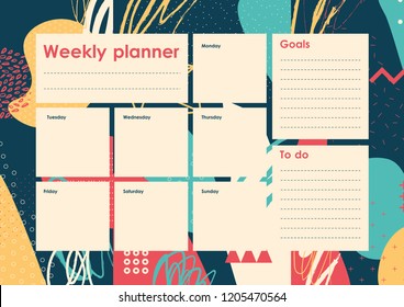 Weekly Planner Template. Organizer and Schedule with place for Notes and Goals with abstract background. Vector.