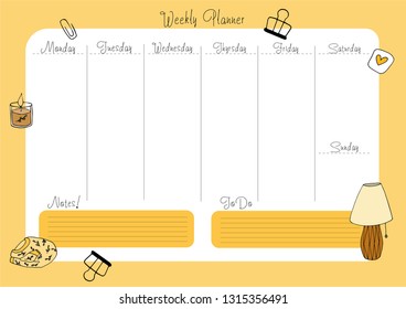 Weekly planner template. Organizer and schedule with place for Notes and To Do List. Vector illustration. Cute and trendy yellow colors. 