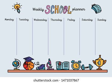 Weekly planner template. Organizer and schedule with place for Notes. Vector hand drawn line doodle illustration of school supplies. Cute and trendy planner for kids