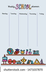 Weekly planner template. Organizer and schedule with place for Notes. Vector hand drawn line doolde illustration of school supplies. Cute and trendy planner for kids