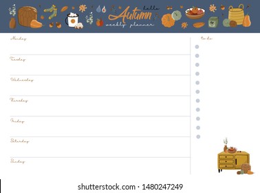 Weekly planner template. Organizer and schedule with place for Notes. Vector illustration. Cute and trendy