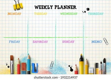 Weekly Planner Template. Organizer And Schedule With Place For Memo. Vector Illustration