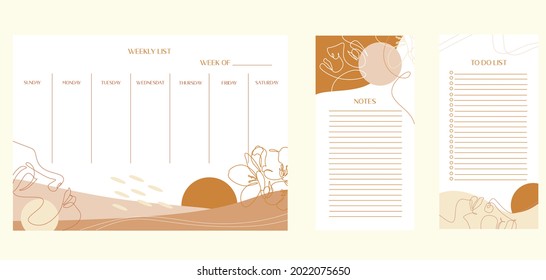 Weekly planner template. Organizer and schedule with notes and to-do list. Daily planner. Vector line art. Isolated