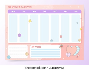 Weekly Planner Template. Organizer and Schedule with Notes and To Do List. Vector. Isolated. Pink and purples colors. Romantic heart shapes and flowers. 
