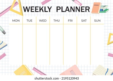 Weekly planner template. Organizer and schedule with place for Notes. Vector illustration. Cute and trendy