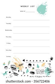 Weekly Planner Template. Organizer and Schedule with place for Notes, Goals and To Do List. Vector. Isolated