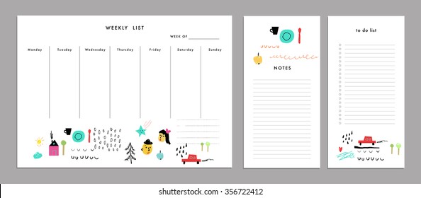 Weekly Planner Template. Organizer And Schedule With Notes And To Do List. Vector. Isolated
