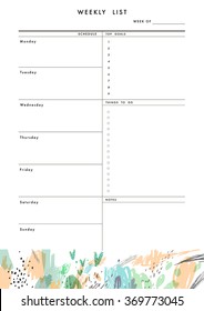 Weekly Planner Template. Organizer and Schedule with place for Notes, Goals and To Do List. Template design. Vector. Isolated