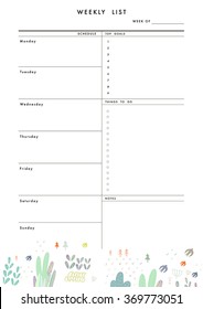 Weekly Planner Template. Organizer and Schedule with place for Notes, Goals and To Do List. Template design. Vector. Isolated