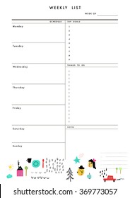 Weekly Planner Template. Organizer and Schedule with place for Notes, Goals and To Do List. Template design. Vector. Isolated