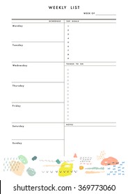 Weekly Planner Template. Organizer and Schedule with place for Notes, Goals and To Do List. Template design. Vector. Isolated