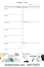 Weekly Planner Template. Organizer and Schedule with place for Notes, Goals and To Do List. Template design. Vector. Isolated