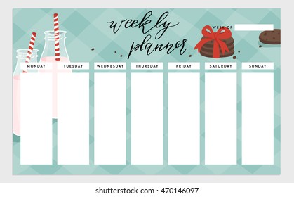 Weekly Planner Template. Organizer And Schedule. Vector Isolated Illustration. Cute And Trendy Food Theme Concept