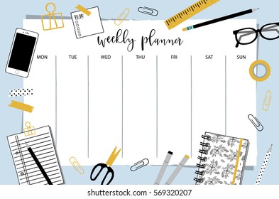 Weekly planner template. Organizer and schedule with place for Notes.. Vector illustration. Cute and trendy