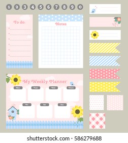 Weekly planner template. Organizer and schedule with notes and to do list. Template for notebooks, scrapbooking, wrapping, invitation, cards, diary. Set of graphic elements for your planner. Vector