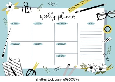 Weekly Planner Template. Organizer And Schedule With Place For Notes. Vector Illustration. Cute And Trendy