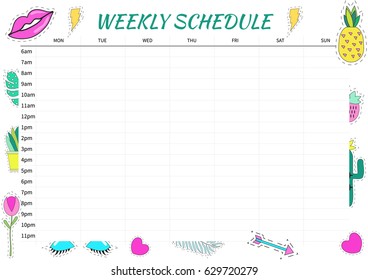 Weekly planner template. Organizer and Schedule with place for notes. Trendy summer elements.