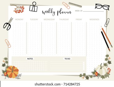 Weekly planner template. Organizer and schedule with place for Notes. Vector illustration. Cute and trendy