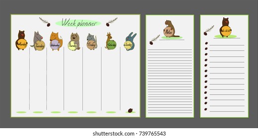 Weekly Planner Template . Organizer and Schedule with Notes and To Do List. Vector. Isolated with wild beasts.