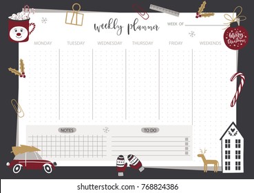 Weekly planner template. Organizer and schedule with place for Notes. Vector illustration. Christmas and winter design