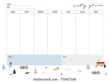 Weekly planner template. Organizer and schedule with place for Notes. Vector illustration. Winter scandinavian design
