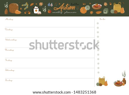 Weekly planner template. Organizer and schedule with place for Notes. Vector illustration. Cute and trendy