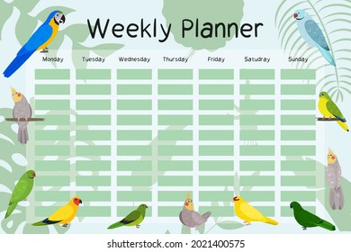 Weekly planner template with parrots in cute cartoon style. Schedule design for kids. Greens background. Monday to sunday week.