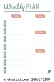 Weekly Planner Template with Place for Notes. Vertical A4 format weekly personal plan